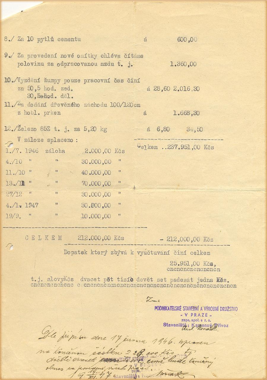 Vyúčtování stavebních prací - 7.června 1946.b